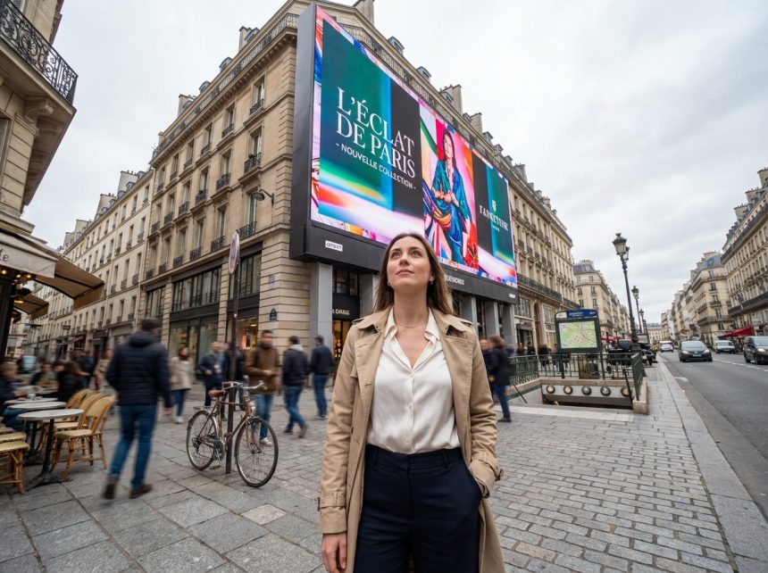 Jeune femme élégante devant une affiche à Paris