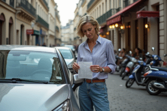 Femme française examine un ticket de stationnement sur sa voiture