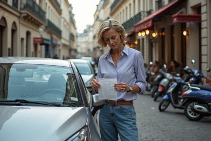 Femme française examine un ticket de stationnement sur sa voiture