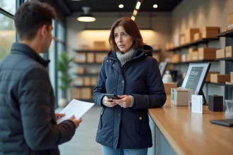 Femme inquiète au point de retrait colis moderne