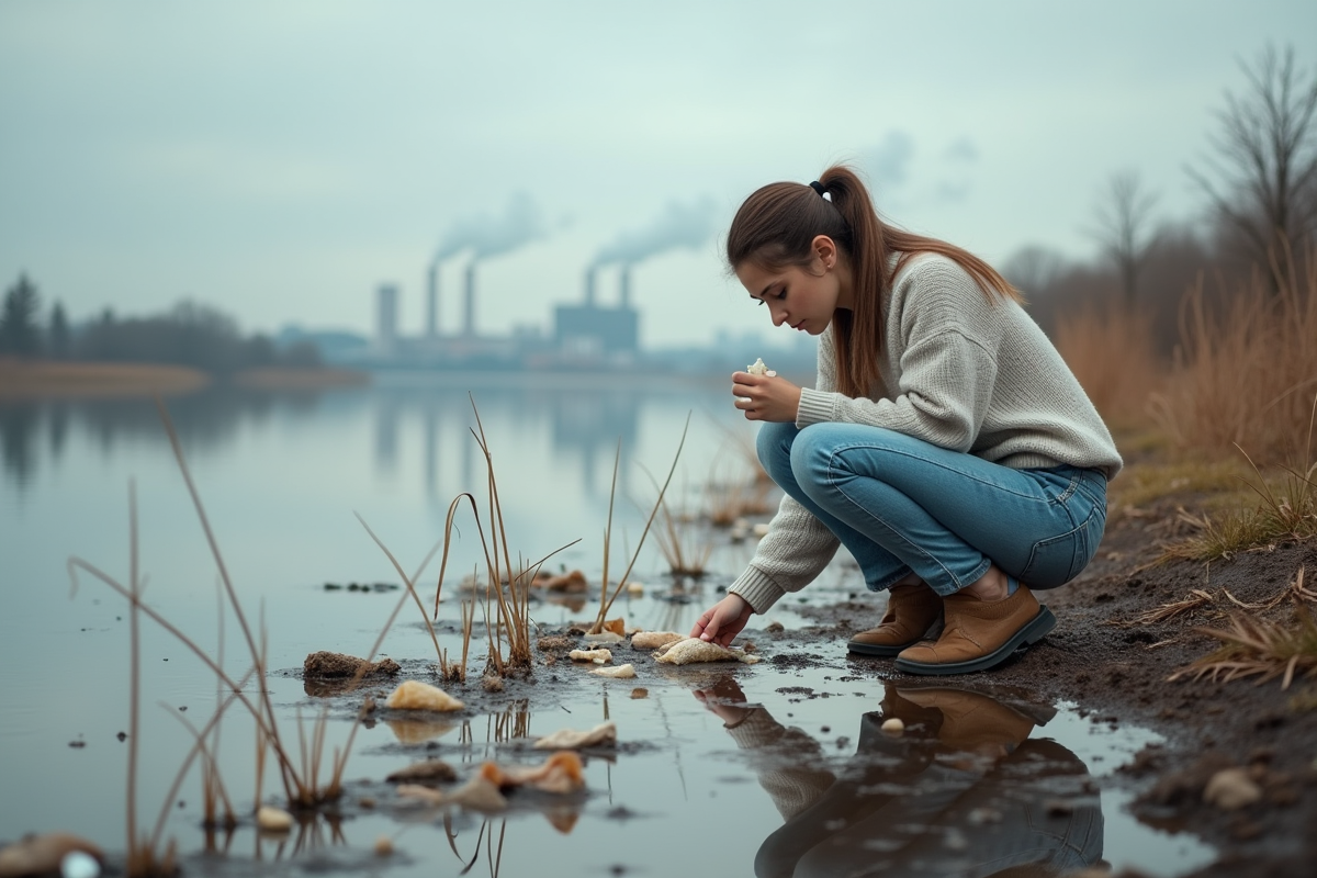 Jeune femme examinant des déchets plastiques au bord de la rivière