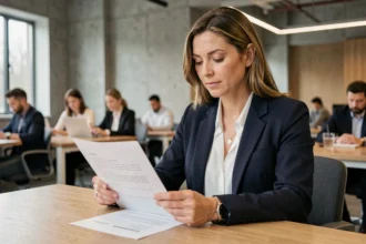 Femme professionnelle en portage salarial révisant un contrat dans un espace de coworking moderne