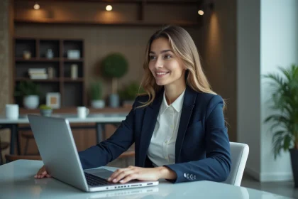 Jeune femme en blazer présentant un pitch digital