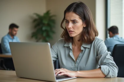 Femme frustrée devant son ordinateur portable incapable de se connecter à son compte PIXID au bureau