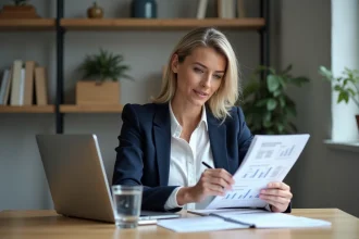 Femme professionnelle analysant un rapport B2B à son bureau avec un ordinateur portable affichant un tableau de bord commercial