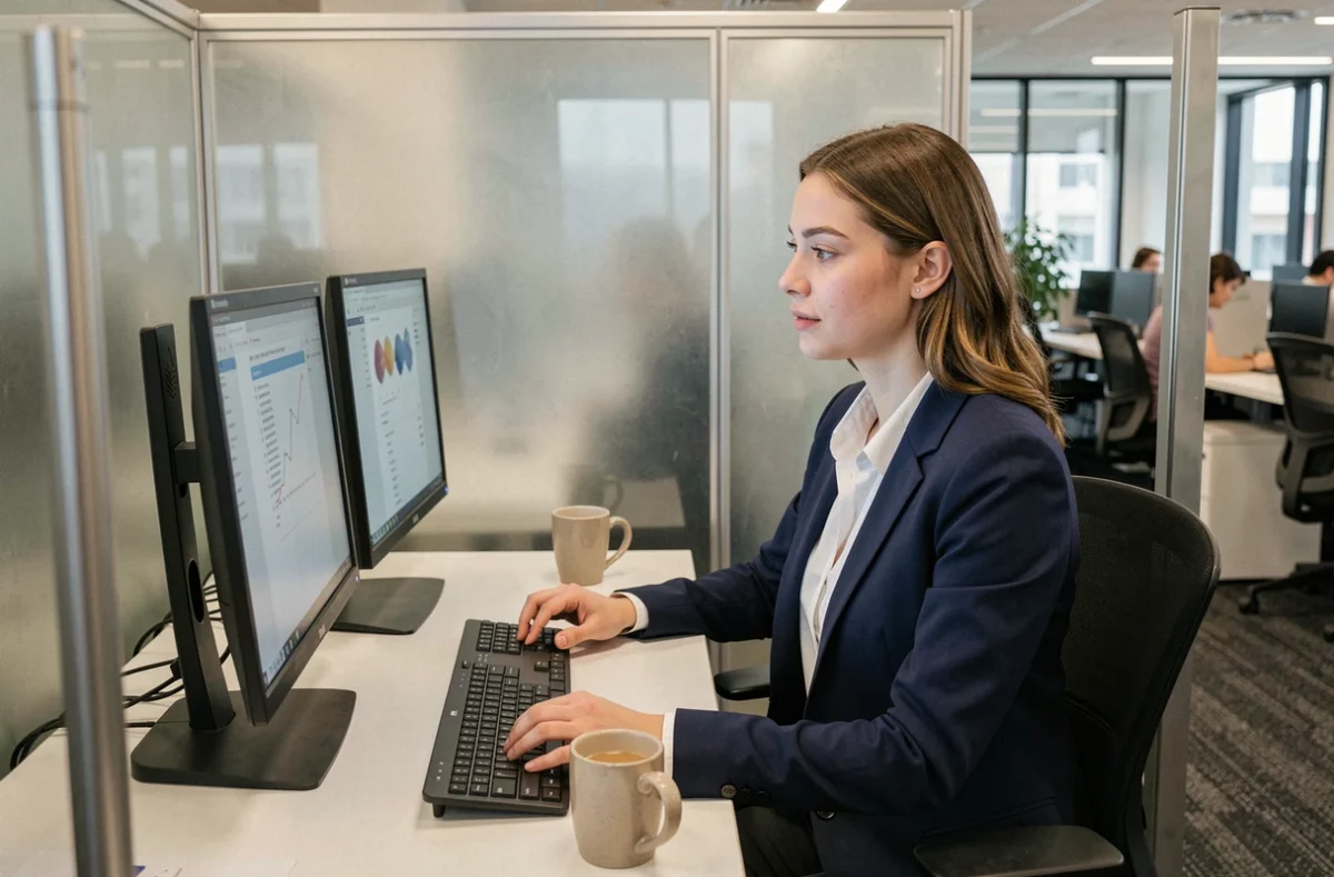 Femme professionnelle concentrée dans un box privatif d'un espace de coworking à La Défense
