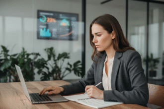 Femme professionnelle concentrée sur son ordinateur dans un bureau moderne