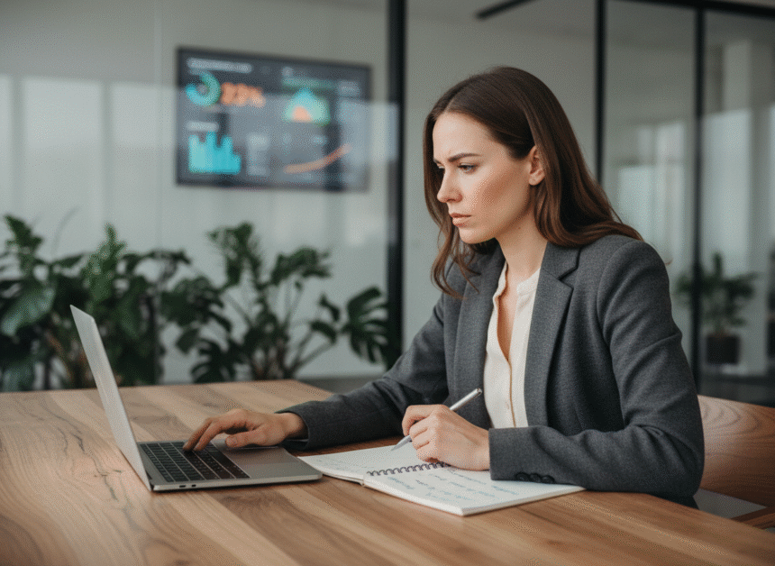 Femme professionnelle concentrée sur son ordinateur dans un bureau moderne