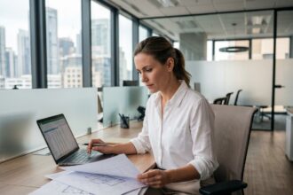 Femme professionnelle analysant des documents dans un bureau moderne avec vue sur la ville