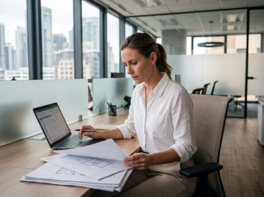 Femme professionnelle analysant des documents dans un bureau moderne avec vue sur la ville