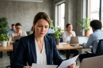 Femme professionnelle en blazer marine travaillant sur des documents dans un bureau moderne et ouvert