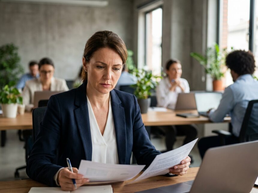 Femme professionnelle en blazer marine travaillant sur des documents dans un bureau moderne et ouvert