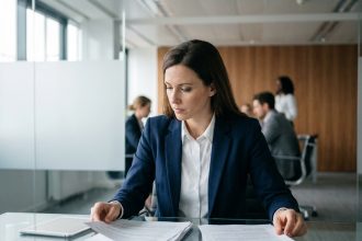 Femme professionnelle en veste marine travaillant sur des documents dans un bureau moderne et lumineux