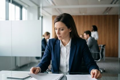 Femme professionnelle en veste marine travaillant sur des documents dans un bureau moderne et lumineux