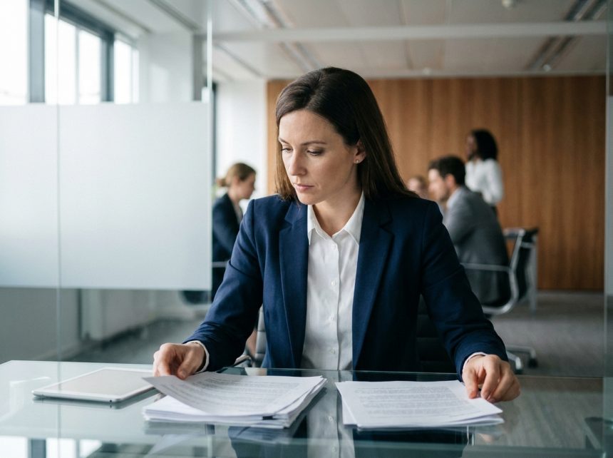 Femme professionnelle en veste marine travaillant sur des documents dans un bureau moderne et lumineux