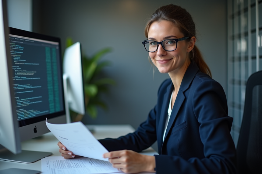 Femme d affaires en bureau avec documents confidentiels