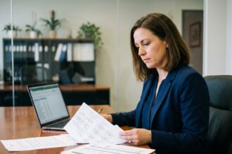 Femme d affaires en costume bleu dans un bureau moderne