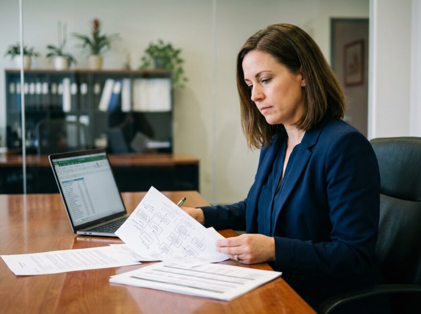 Femme d affaires en costume bleu dans un bureau moderne