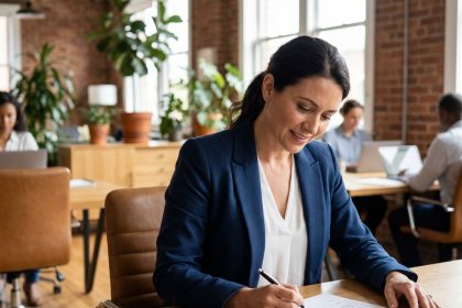 Femme professionnelle en portage salarial signant un contrat dans un espace de coworking moderne