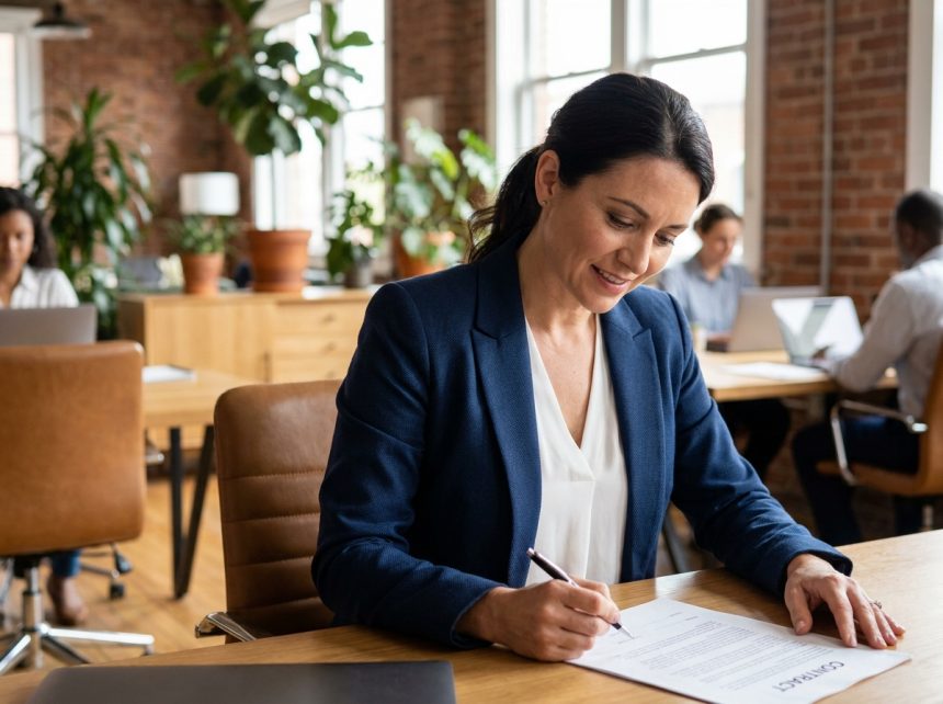 Femme professionnelle en portage salarial signant un contrat dans un espace de coworking moderne