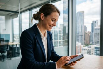 Femme professionnelle souriante avec smartphone dans un bureau moderne