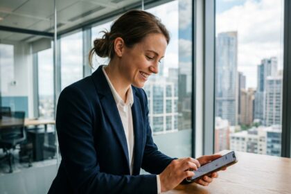 Femme professionnelle souriante avec smartphone dans un bureau moderne