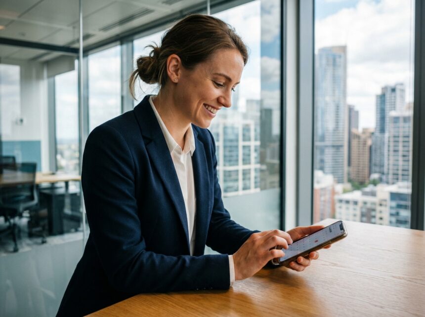 Femme professionnelle souriante avec smartphone dans un bureau moderne