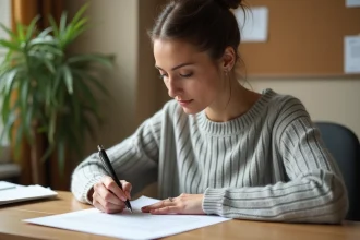 Femme rédigeant une lettre de résiliation formelle à son bureau à domicile avec enveloppe blanche