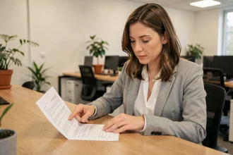 Femme en blazer gris relisant attentivement les clauses d'un contrat de travail à temps partiel dans un bureau moderne
