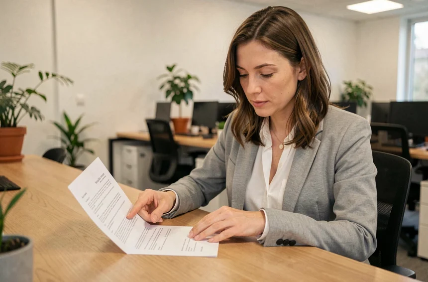 Femme en blazer gris relisant attentivement les clauses d'un contrat de travail à temps partiel dans un bureau moderne