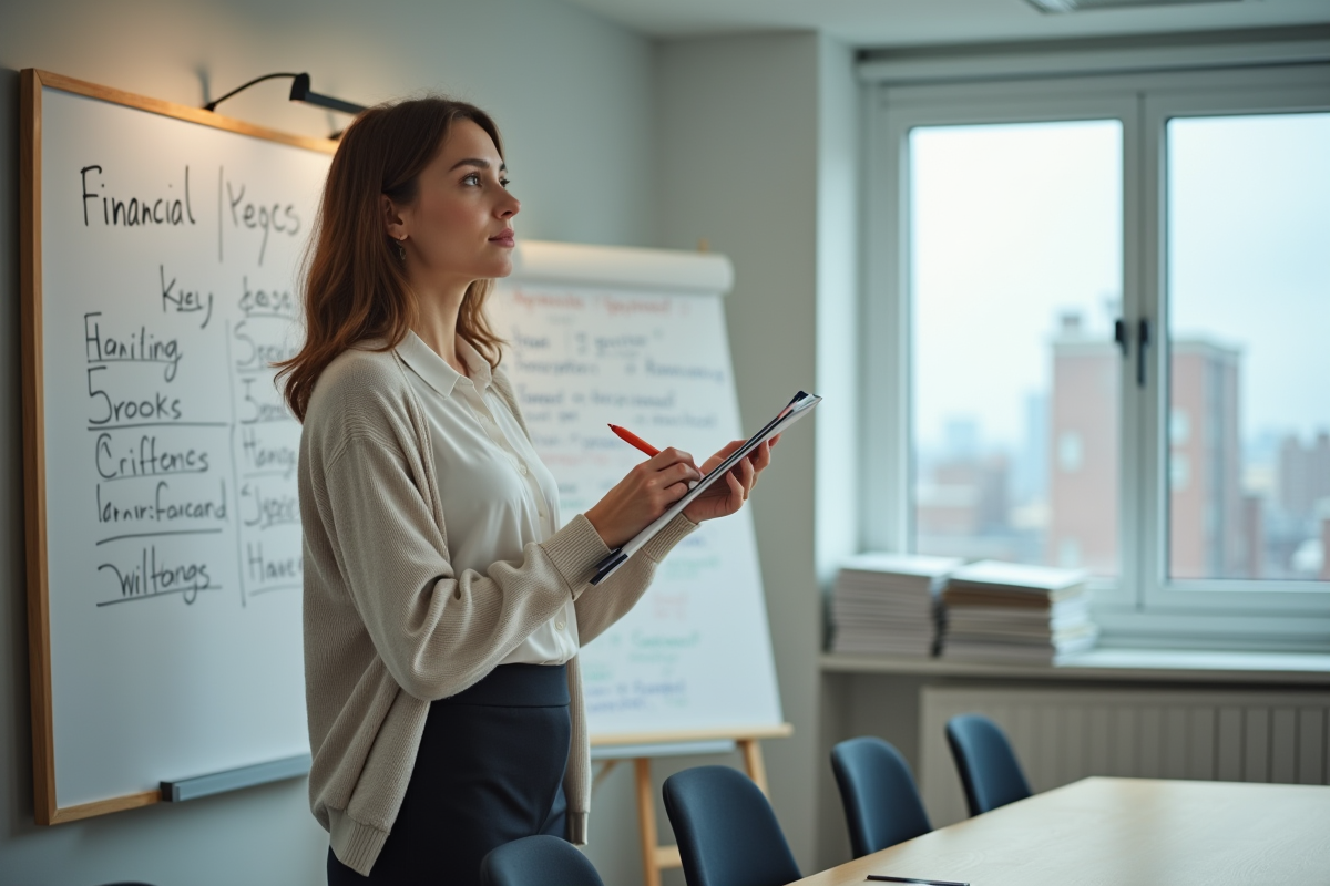 Femme en réunion avec tableau blanc et notes financières