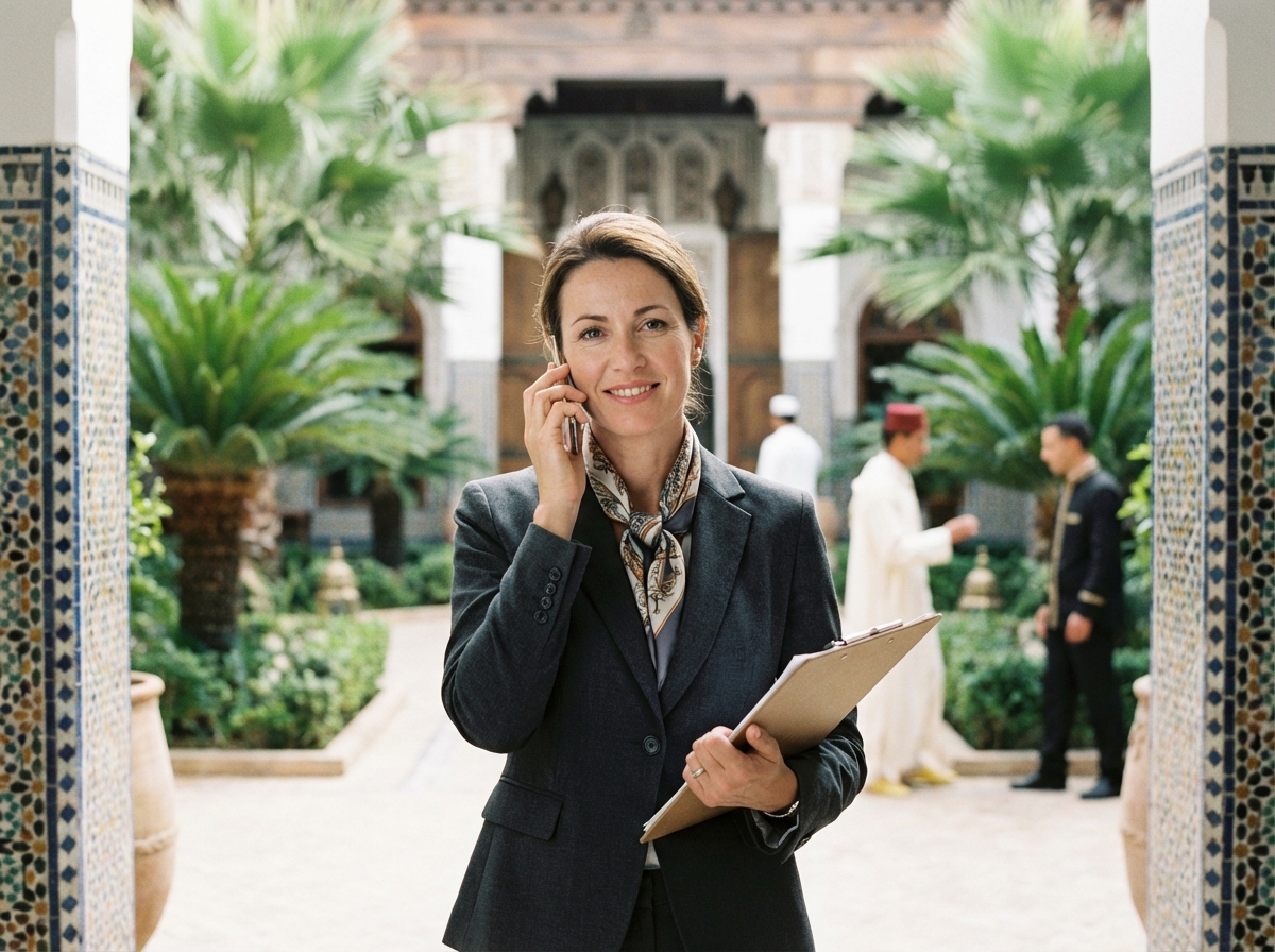 Femme parlant au téléphone dans une cour de riad marocain