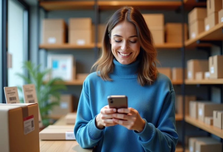 Femme souriante scanne un colis dans un point Mondial Relay