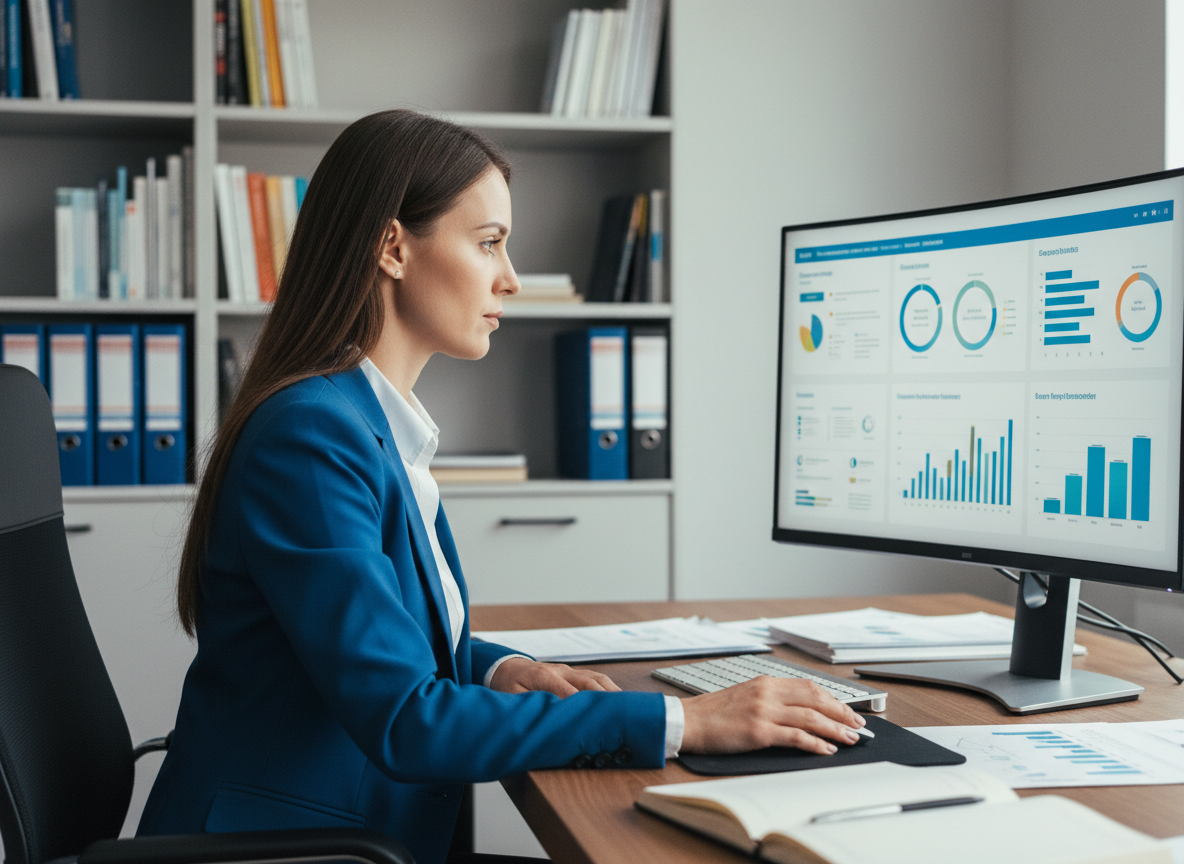 Jeune femme gestionnaire CRM analysant des tableaux sur un écran