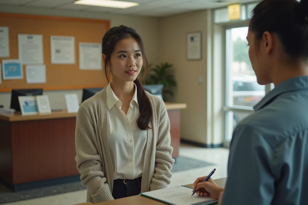 Jeune femme attendant au guichet dans un bureau administratif