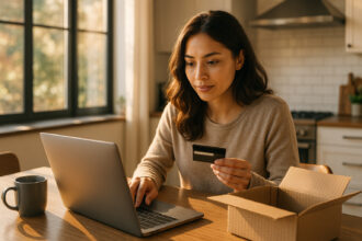 Femme faisant du shopping en ligne dans une cuisine lumineuse