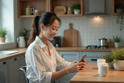 Jeune femme souriante utilisant son smartphone dans une cuisine moderne