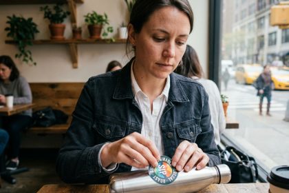 Femme posant avec sticker sur bouteille dans un café