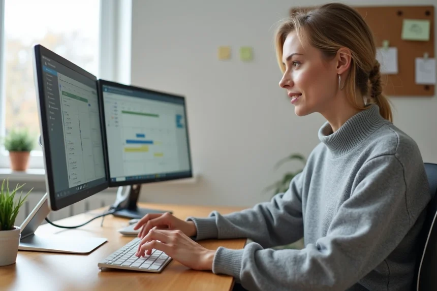 Femme en télétravail configurant un agenda partagé sur double écran dans un bureau à domicile moderne