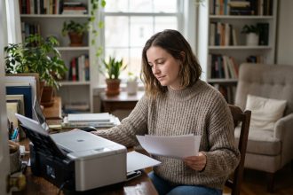Jeune femme examine des documents imprimés à son bureau