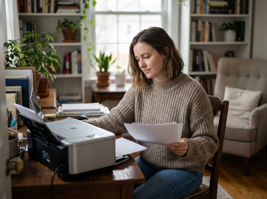 Jeune femme examine des documents imprimés à son bureau