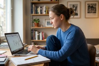 Jeune femme concentrée sur son ordinateur dans un bureau cosy