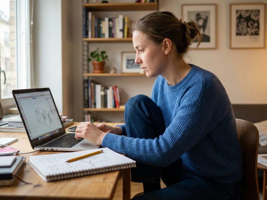 Jeune femme concentrée sur son ordinateur dans un bureau cosy