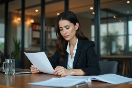 Femme en costume professionnel examine des documents de protection des données