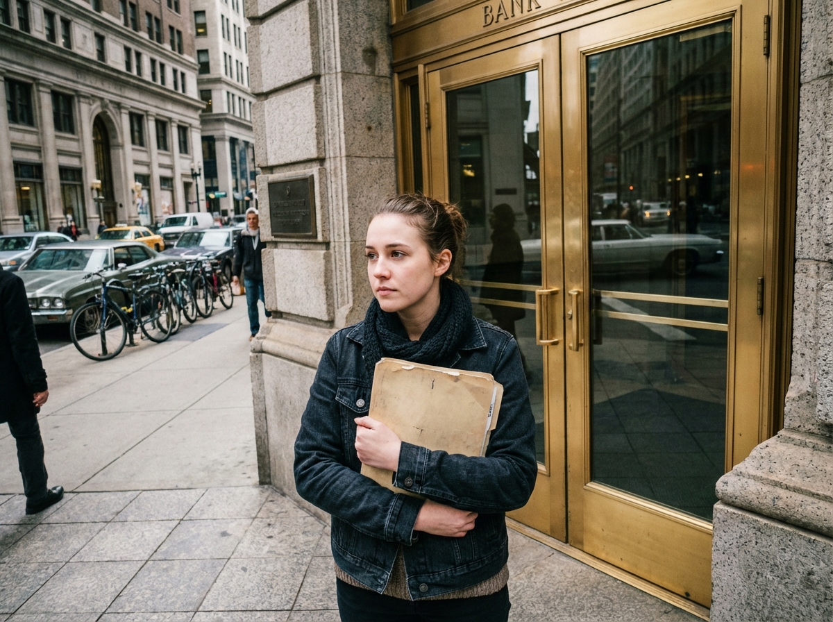 Jeune femme observant la banque dans un environnement urbain