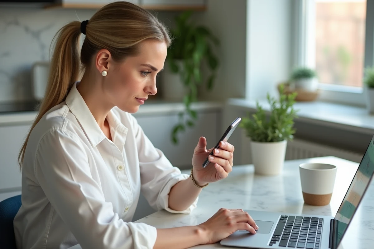 Femme consultant son smartphone et son ordinateur portable pour vérifier et résoudre un problème de compte PIXID depuis chez elle