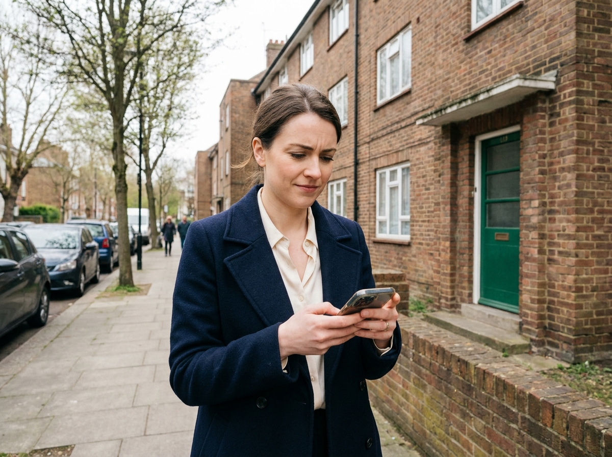 Femme vérifie chiffres sur smartphone devant maison urbaine