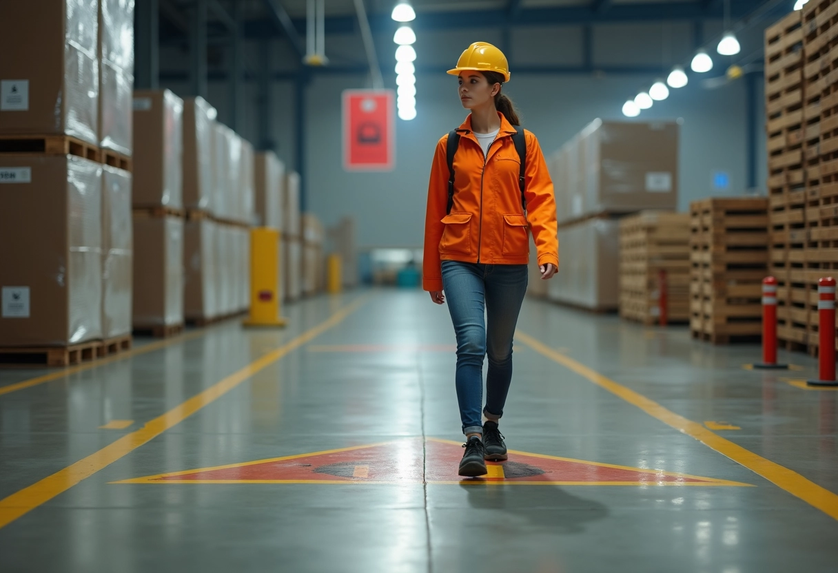 Jeune femme vérifiant une signalisation de sécurité en entrepôt