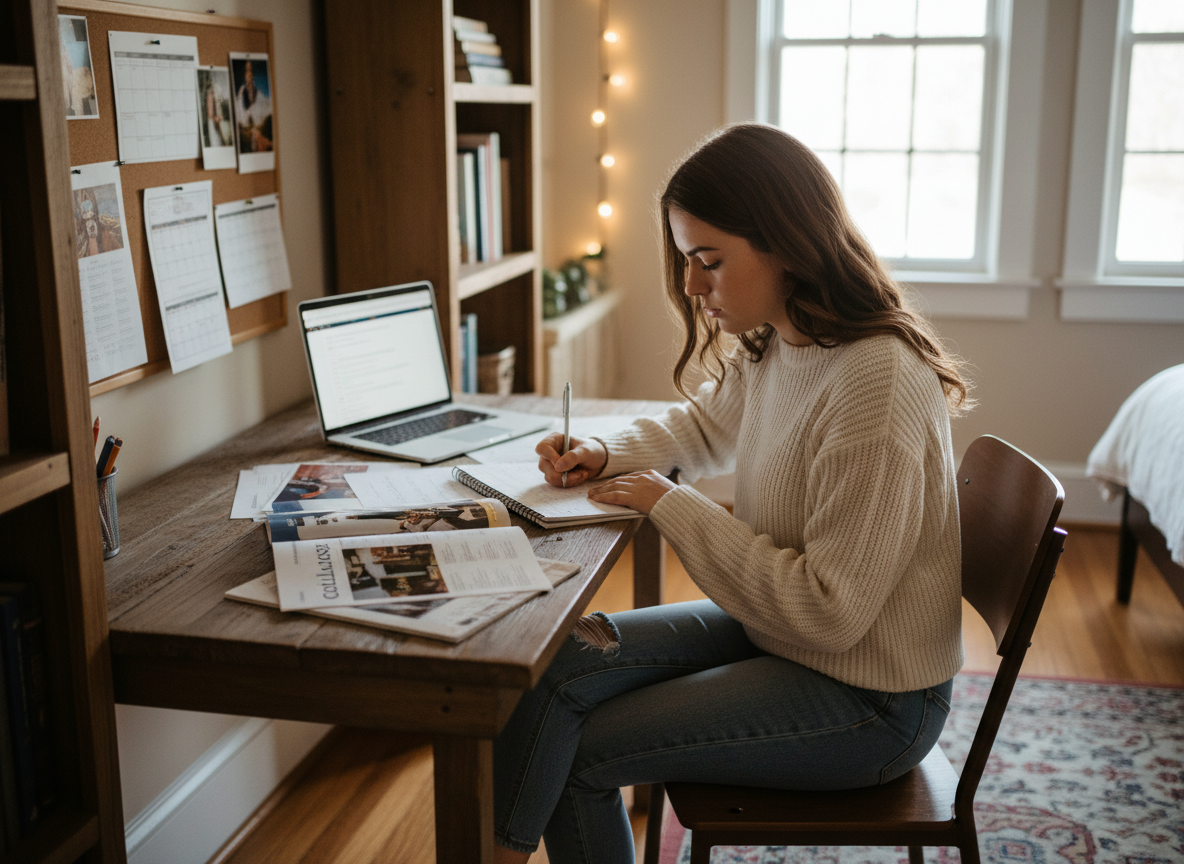 Jeune femme étudiant ses options avec brochures