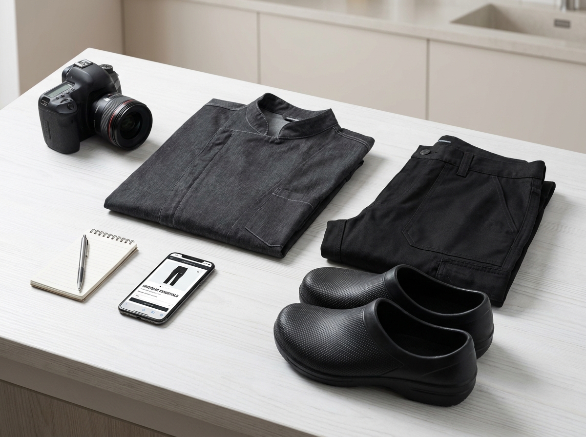 Flatlay de vêtements de travail pour cuisine professionnelle avec smartphone affichant un site d'achat en ligne